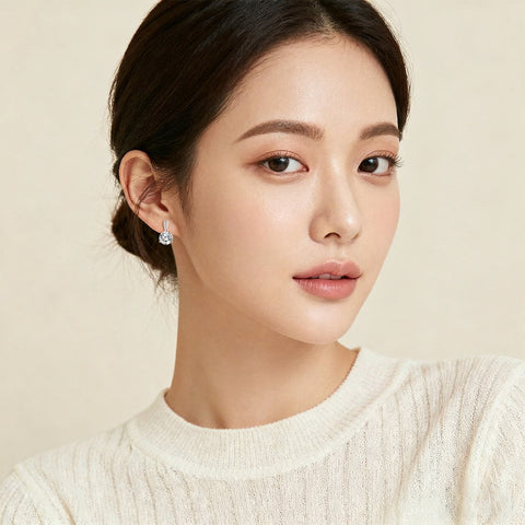 925 Sterling Silver Elegant Plated with White Gold Moissanite Stud Earrings With Floral Accent