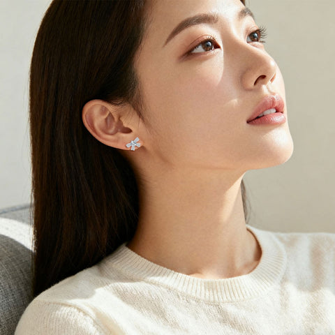 925 Sterling Silver Elegant Moissanite Bow Stud Earrings In Plated with White Gold Setting