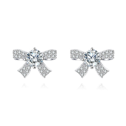 925 Sterling Silver Elegant Moissanite Bow Stud Earrings In Plated with White Gold Setting