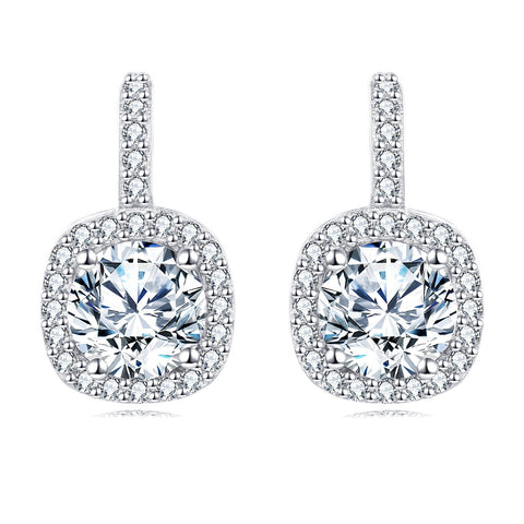 925 Sterling Silver Elegant Square Halo Moissanite Earrings With Round Center Stone
