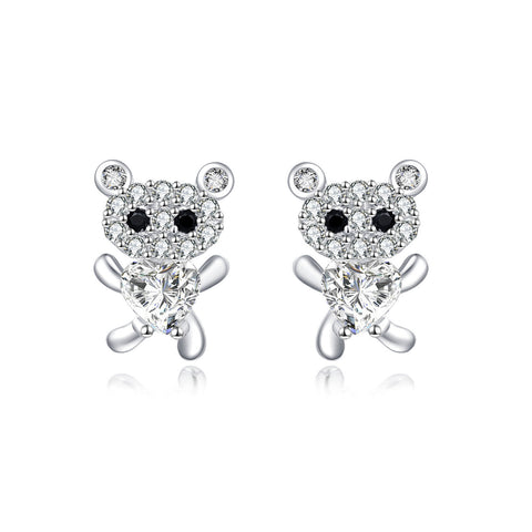 925 Sterling Silver **heart-shaped Zircon Earrings With Pavé Accents And Black Onyx Eyes**