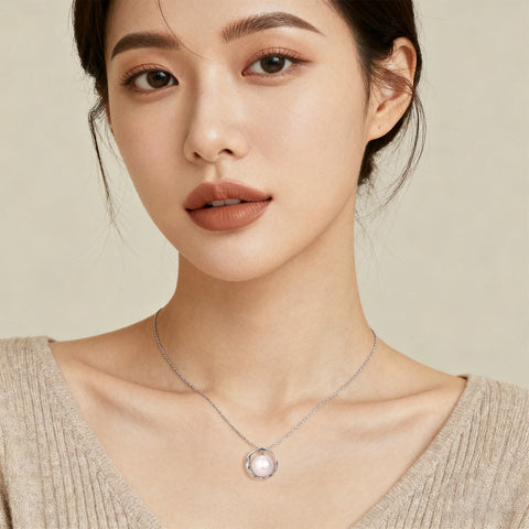 925 Sterling Silver Elegant Pearl Necklace With Silver Chain And Modern Circular Pendant Design