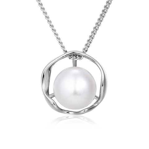 925 Sterling Silver Elegant Pearl Necklace With Silver Chain And Modern Circular Pendant Design
