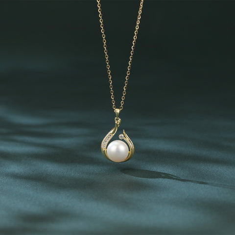 925 Sterling Silver Elegant Plated With Gold Pearl Necklace With Zircon Accents