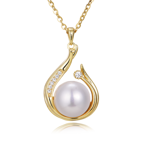 925 Sterling Silver Elegant Plated With Gold Pearl Necklace With Zircon Accents