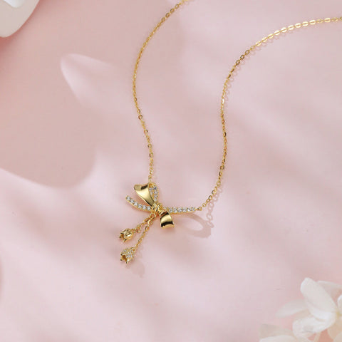925 Sterling Silver Elegant Plated With Gold Bow Necklace With Zircon Accents