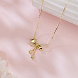925 Sterling Silver Elegant Plated With Gold Bow Necklace With Zircon Accents