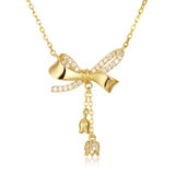 925 Sterling Silver Elegant Plated With Gold Bow Necklace With Zircon Accents