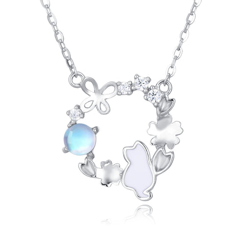 925 Sterling Silver Enchanted Moonstone Cat Necklace With Floral Accents