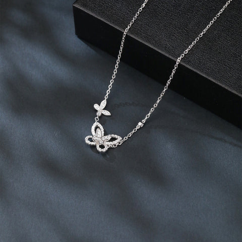 925 Sterling Silver Sparkling Zircon Butterfly Pendant Necklace