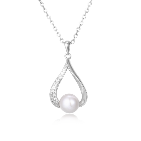 925 Sterling Silver Elegant Pearl & Zircon Teardrop Pendant Necklace In Sterling Silver