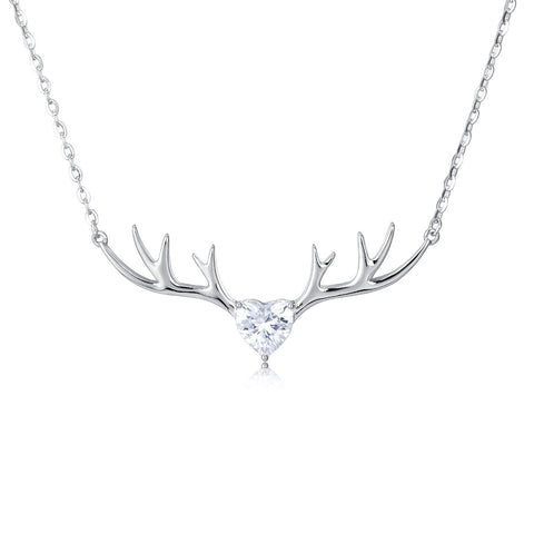 925 Sterling Silver Elegant Deer Antler Necklace With Heart Gemstone Pendant