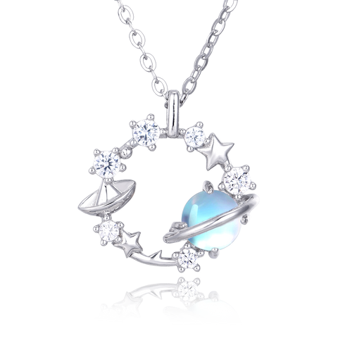 925 Sterling Silver Celestial Zircon Necklace With Planet Ring, Star Moon Charm, And Elegantdesign