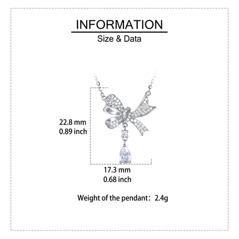 925 Sterling Silver Elegant Zircon Bow Necklace With Teardrop Pendant