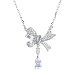 925 Sterling Silver Elegant Zircon Bow Necklace With Teardrop Pendant