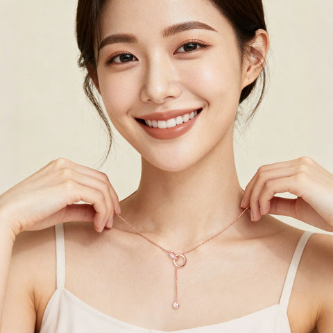 925 Sterling Silver Elegant Rose Plated With Gold Interlocking Circles Moissanite Accent Necklace