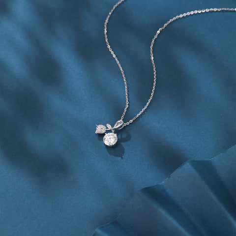 925 Sterling Silver Elegant Moissanite Ribbon Necklace With Silver Chain And Sparkling Leaf Accents
