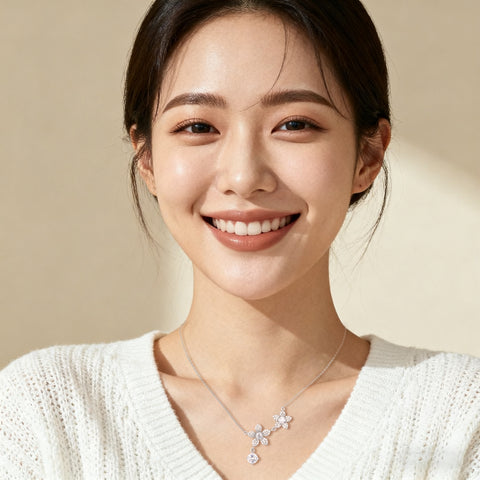 925 Sterling Silver Elegant Silver Flower Necklace With Moissanite Accents And Delicate Petal Design