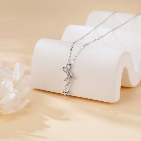 925 Sterling Silver Sparkling Moissanite Bow Pendant Necklace