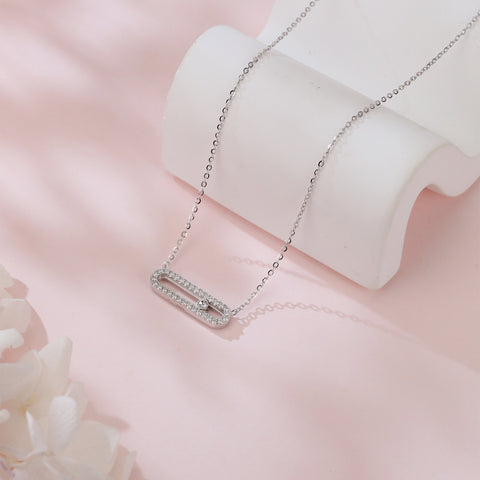 925 Sterling Silver Elegant Moissanite Bar Necklace With Oval Cutout And Solitaire Accent In Plated with White Gold