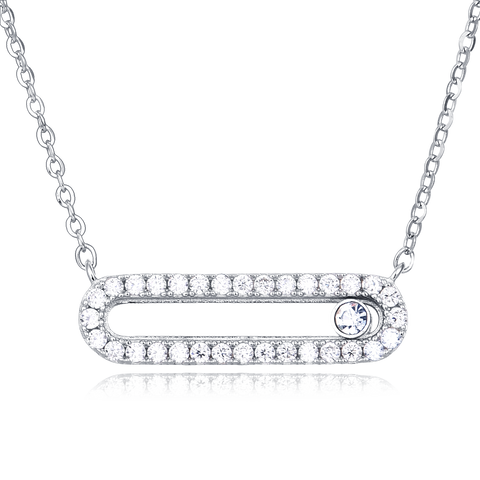 925 Sterling Silver Elegant Moissanite Bar Necklace With Oval Cutout And Solitaire Accent In Plated with White Gold