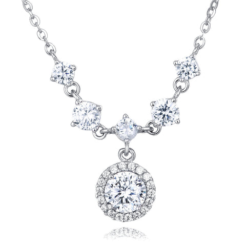 925 Sterling Silver Elegant Moissanite Necklace With Cascading Solitaire Drops And Halo Pendant