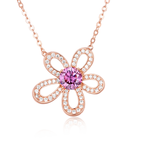 925 Sterling Silver Rose Plated With Gold Moissanite Flower Necklace With Pink Center Stone