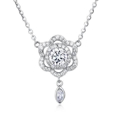 925 Sterling Silver Elegant Floral Moissanite Necklace With Sparkling Silver Chain And Teardrop Pendant