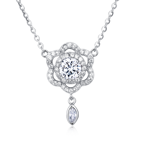 925 Sterling Silver Elegant Floral Moissanite Necklace With Sparkling Silver Chain And Teardrop Pendant