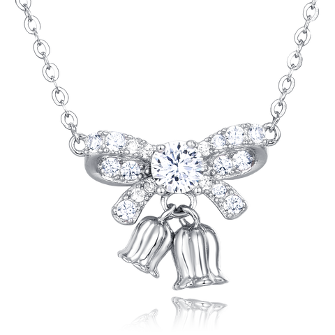 925 Sterling Silver Elegant Moissanite Bow Necklace With Triple Bell Charms
