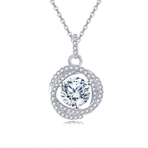 925 Sterling Silver Elegant Moissanite Halo Pendant With Plated with White Gold Chain Necklace