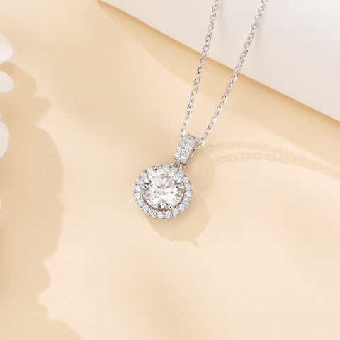 925 Sterling Silver Elegant Solitaire Moissanite Pendant With Plated with White Gold Chain Necklace
