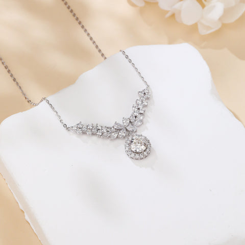 925 Sterling Silver Elegant Moissanite Floral Necklace With Radiant Center Stone