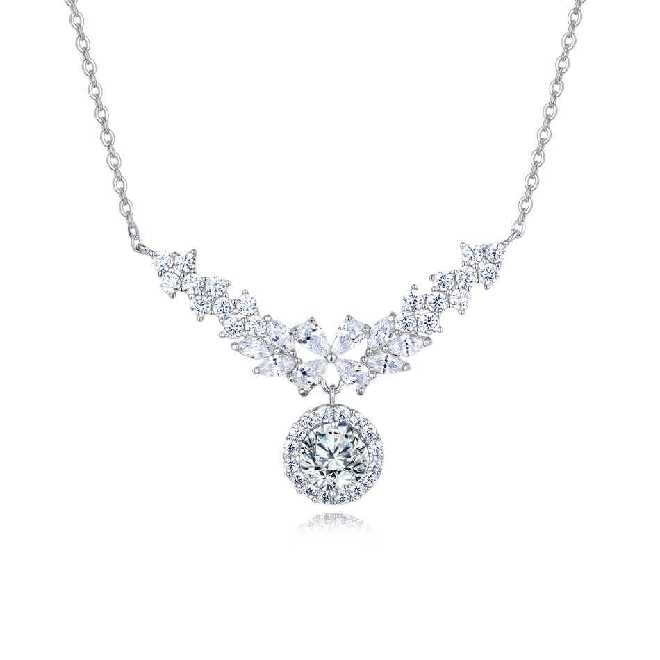 925 Sterling Silver Elegant Moissanite Floral Necklace With Radiant Center Stone