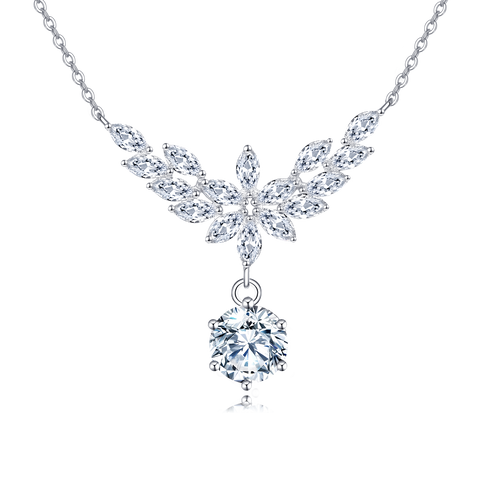 925 Sterling Silver Elegant Floral Moissanite Necklace With Marquise-cut Petals And Round Pendant Drop