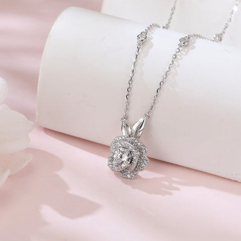 925 Sterling Silver Moissanite Rose Flower Pendant Necklace