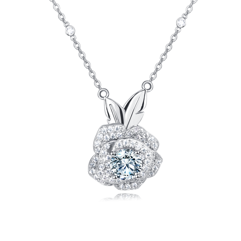 925 Sterling Silver Moissanite Rose Flower Pendant Necklace