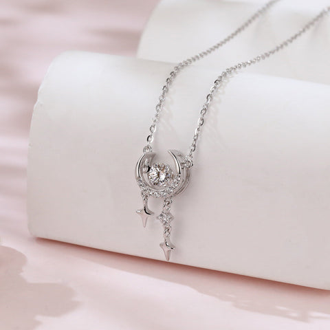 925 Sterling Silver Eternal Moonlight Moissanite-studded Crescent Necklace With Stellar Charms In Plated with White Gold