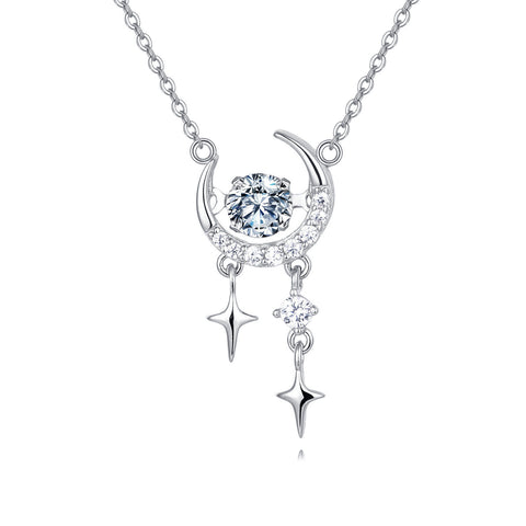 925 Sterling Silver Eternal Moonlight Moissanite-studded Crescent Necklace With Stellar Charms In Plated with White Gold