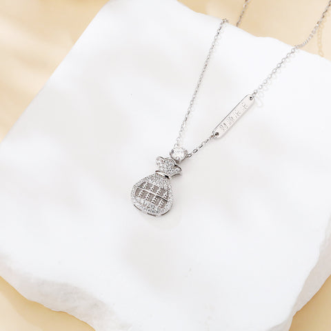 925 Sterling Silver Moissanite-encrusted Money Bag Pendant Necklace With Abacus Charm Symbolizing Wealth Prosperity