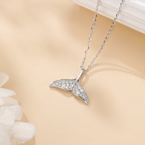 925 Sterling Silver Elegant Whale Tail Moissanite Pendant Necklace: Delicate Maritime Charm
