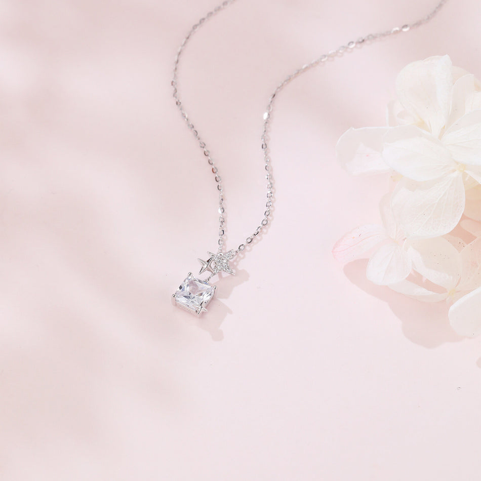 925 Sterling Silver stellar Radiance Zircon Necklace With Square Pendant Charm