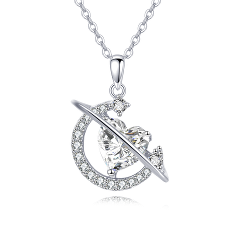 925 Sterling Silver Eternal Love Zircon Heart & Crescent Moon Silver Necklace
