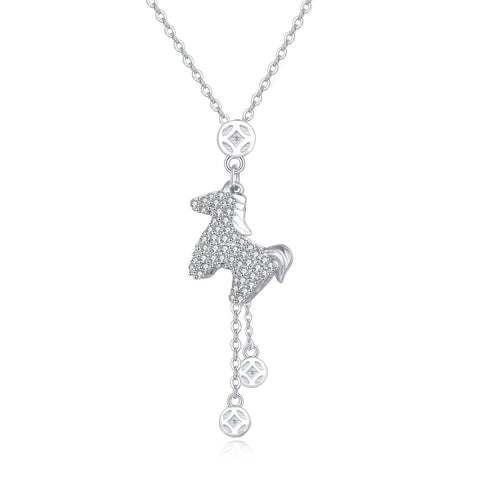 925 Sterling Silver Elegant Zircon-encrusted Horse Pendant Necklace With Adjustable Chain