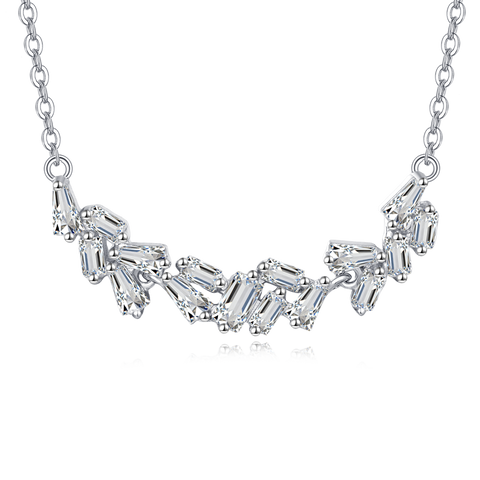 925 Sterling Silver Elegant Zircon Wave Necklace With Cascading Emerald-cut Stones On Delicate Silver Chain
