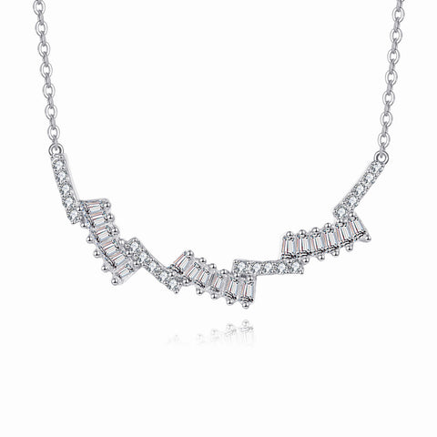 925 Sterling Silver Elegant Zigzag Zircon Necklace With Baguette And Round Cut Gems