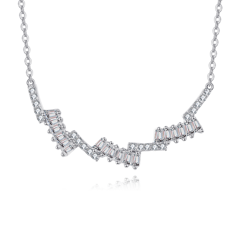 925 Sterling Silver Elegant Zigzag Zircon Necklace With Baguette And Round Cut Gems