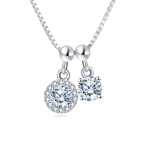 925 Sterling Silver Elegant Silver Zircon Pendant Necklace With Dual Charm Design
