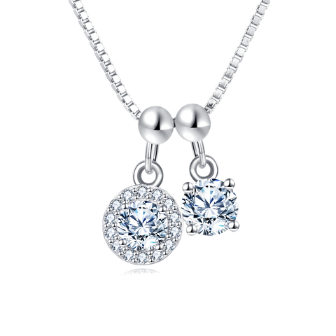 925 Sterling Silver Elegant Silver Zircon Pendant Necklace With Dual Charm Design
