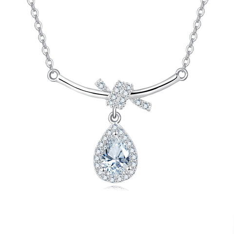 925 Sterling Silver Elegant Zircon Teardrop Necklace With Bow Accent In Sterling Silver